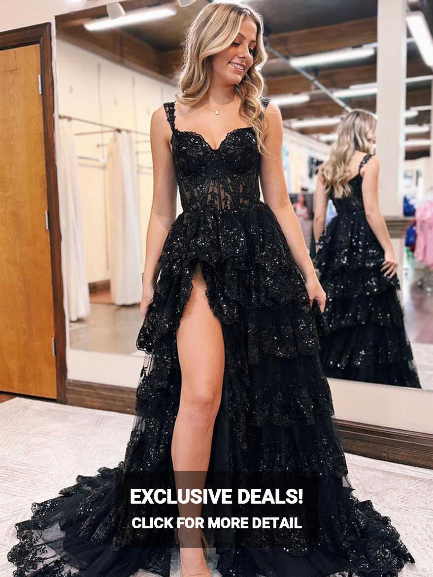 A Line Black Lace 2024 Prom Dresses Tiered Sequins Off the ...