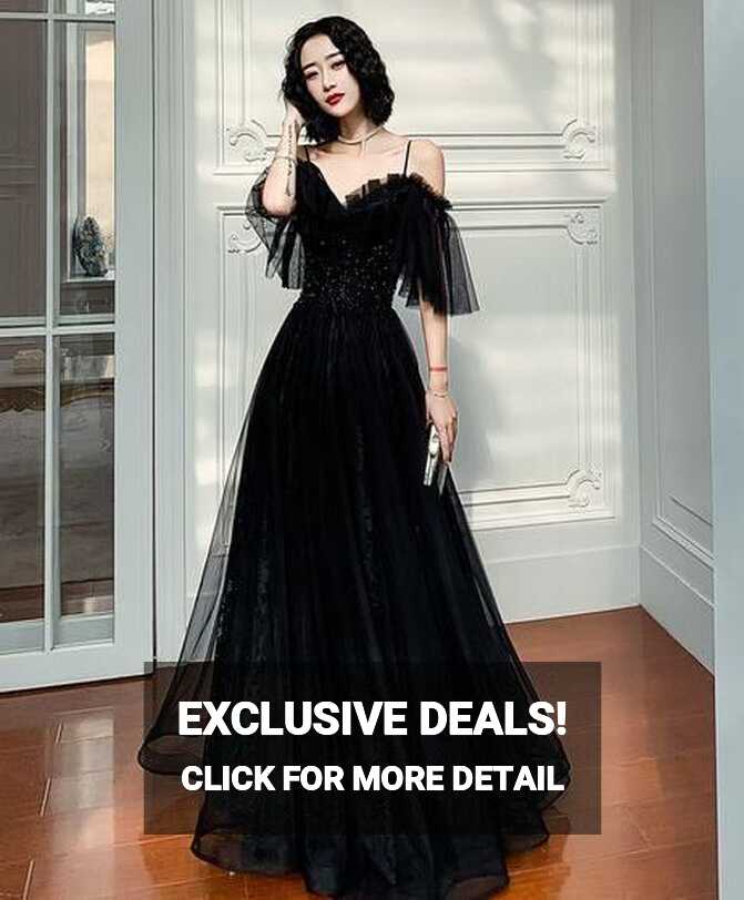 A Line Black Tulle Lace Long Evening Dress Us8