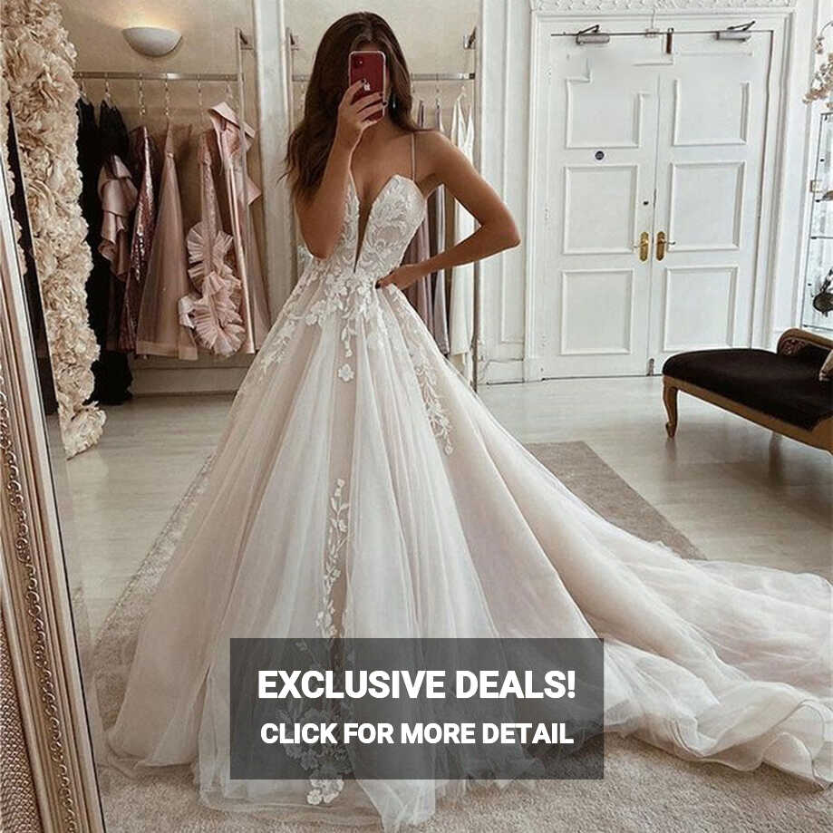 A-Line Boho Wedding Dress V-Neck Straps Appliqued Lace Bridal ...