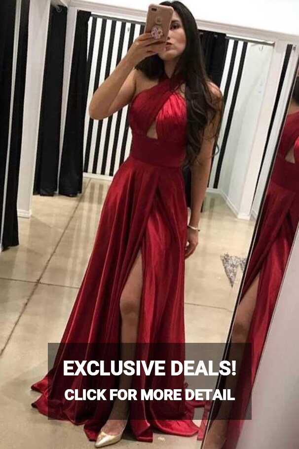 A-Line Cross Neck Floor-Length Dark Red Prom Dress with Split ...