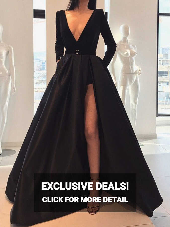 A Line Deep V Neck Black/Burgundy Long Sleeves Satin Prom Dresses ...