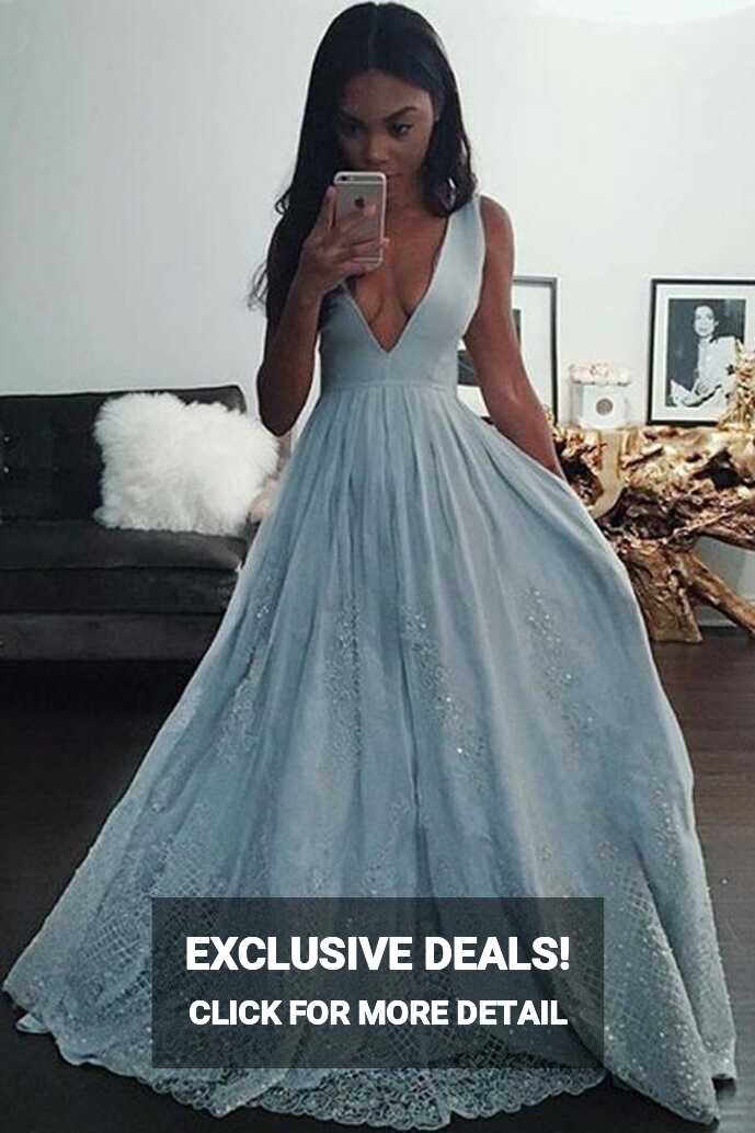 A-Line Deep V-neck Light Blue Prom Dress with Appliques Beading ...