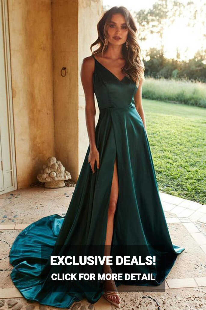 A Line Emerald Green Satin Long Prom Dress With High Slit,WP041 ...