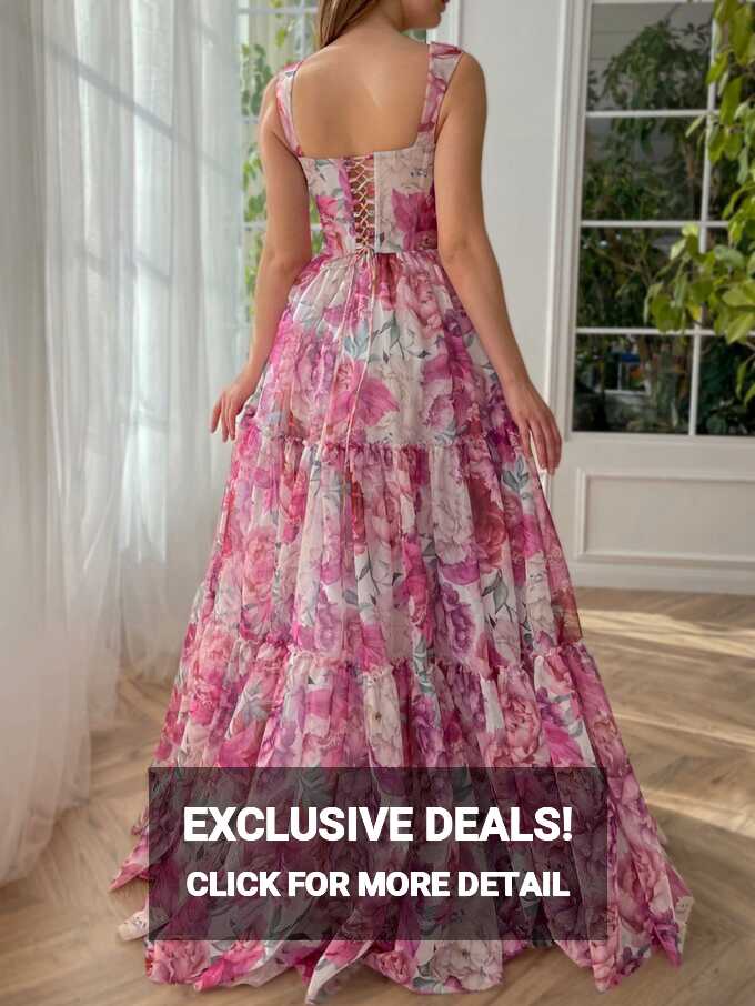 A Line Floral Pink Long Prom Dress | KissProm