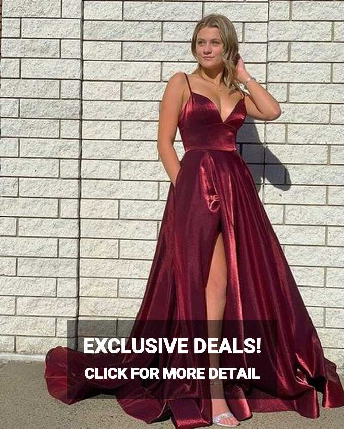 A Line Glitter Burgundy 2024 Prom Dresses V Neck Sleeveless ...