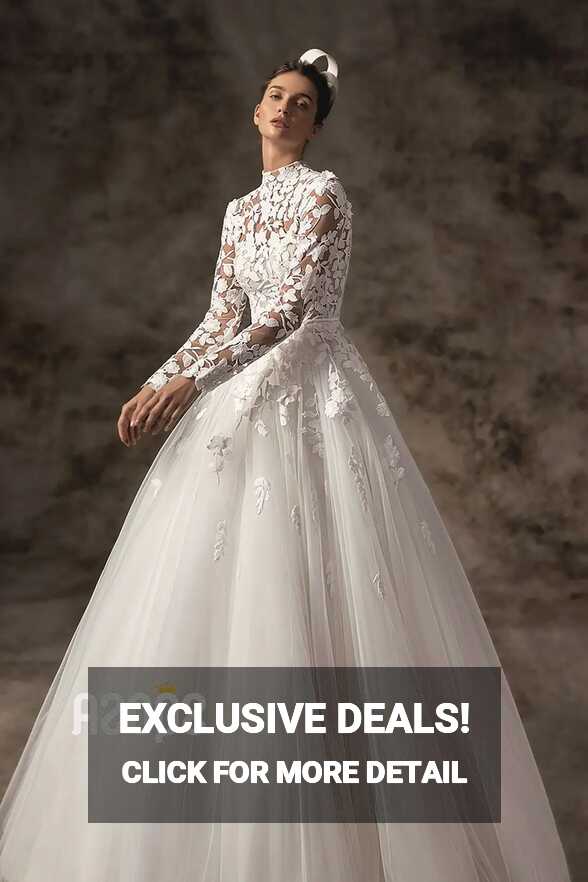 A Line High Neck Lace Long Sleeves Vintage Wedding Dress QW2328 ...