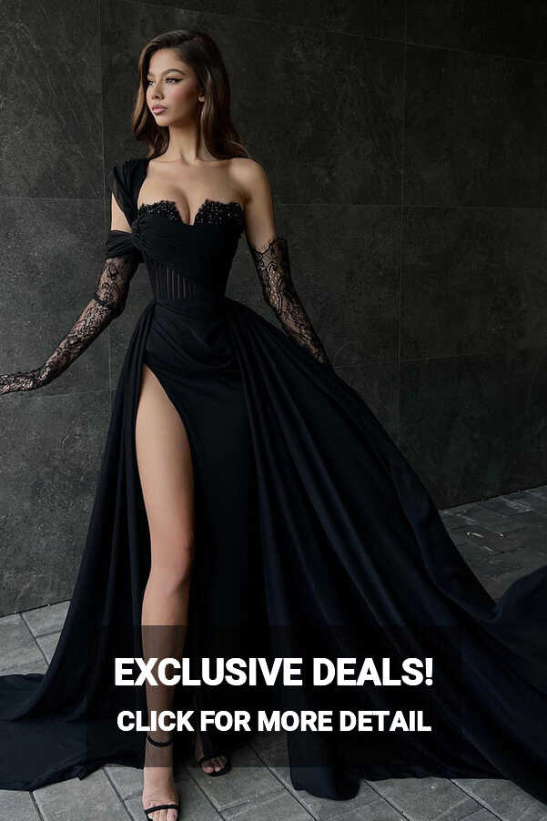 A Line Lace Appliques High Split Black Long Prom Formal Dress ...