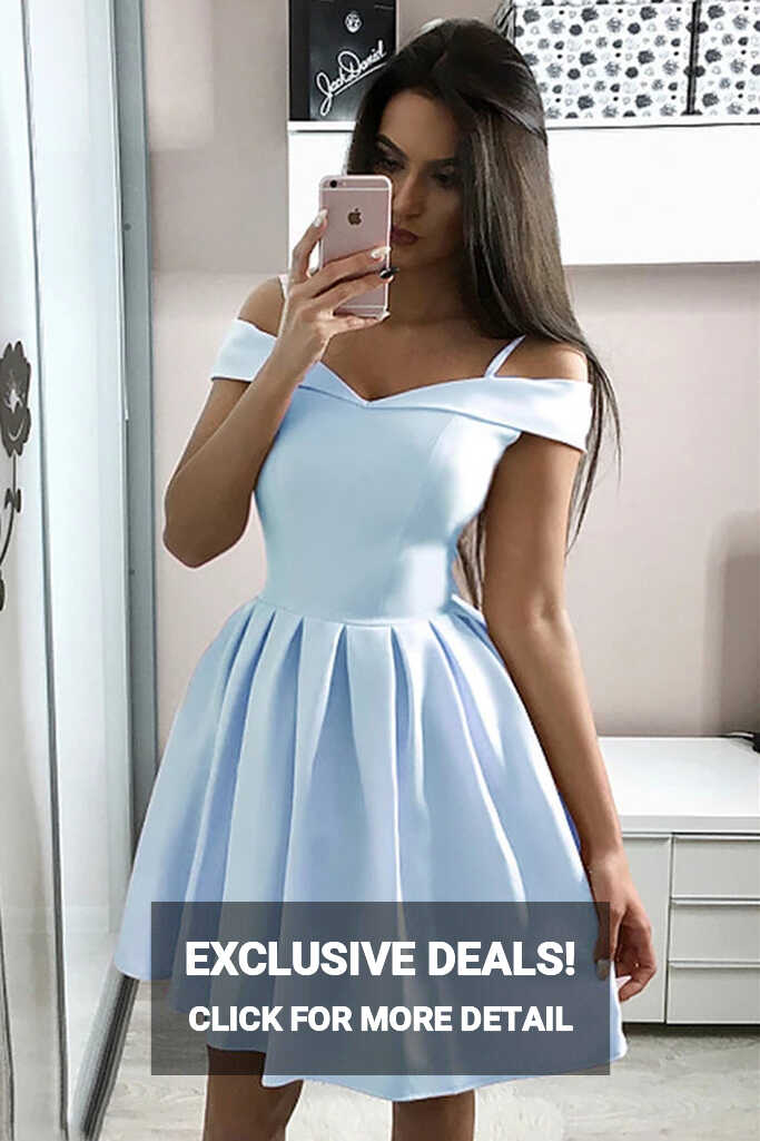 A-Line Off Shoulder Short Light Blue Graduation Homecoming Dresses ...