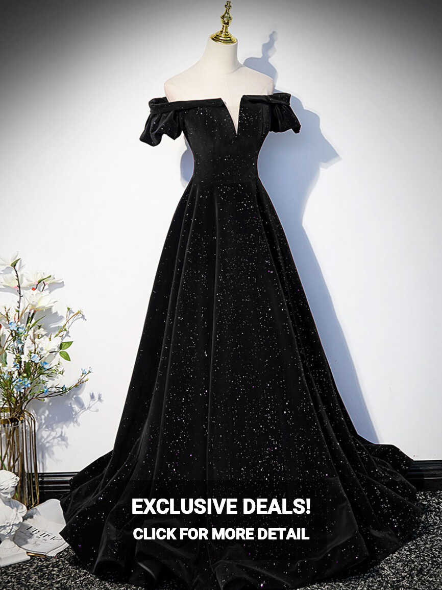 A-Line Off Shoulder Velvet Black Long Prom Dresses, Black, 50% OFF