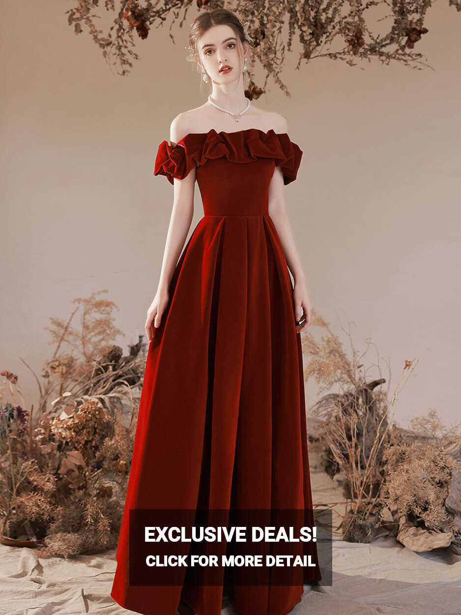 A-Line Off Shoulder Velvet Burgundy Long Prom Dress, Burgundy ...