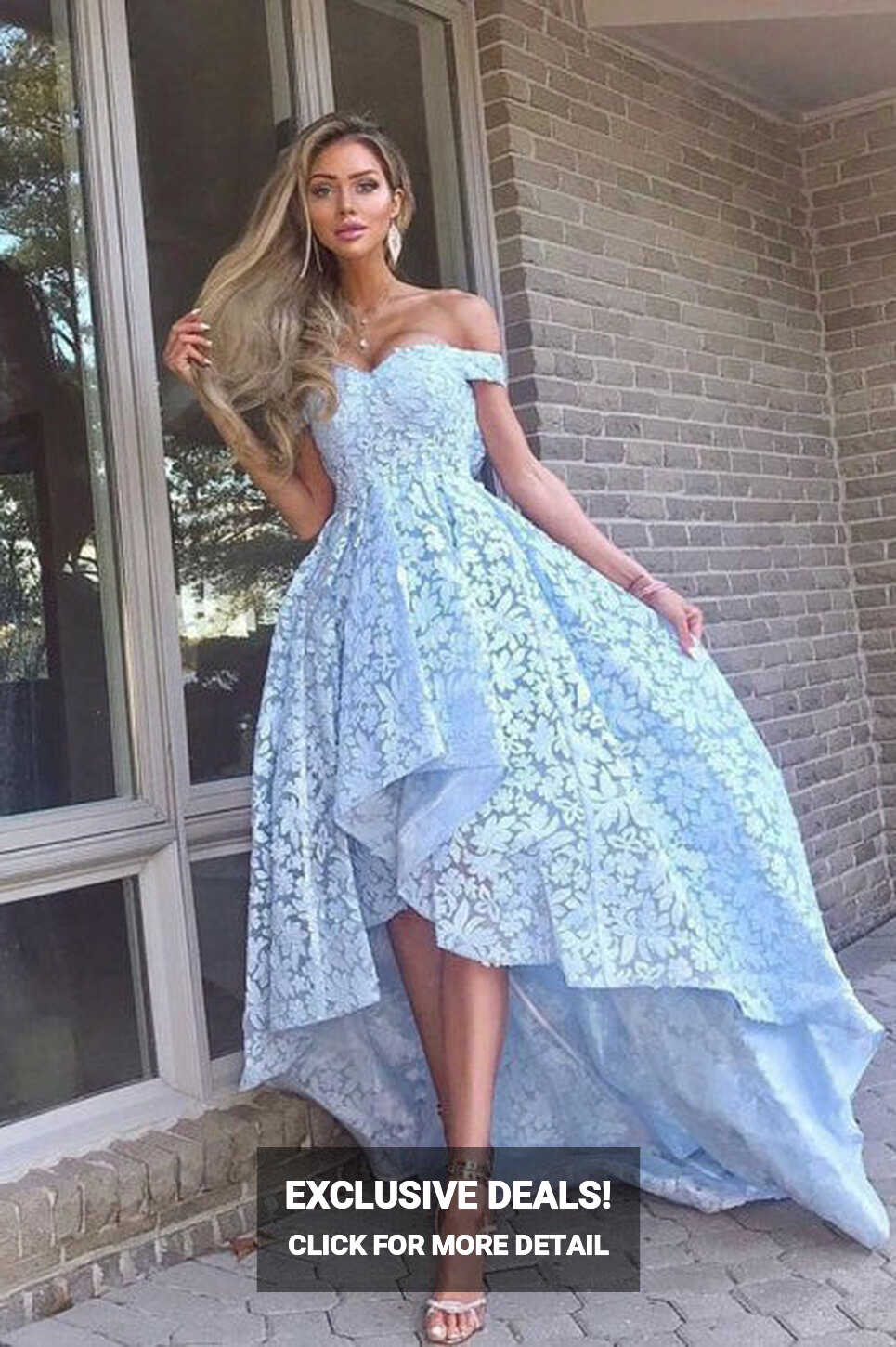 A-Line Off-the-Shoulder Hi-Low Light Blue Lace Prom Dress PDA369 ...