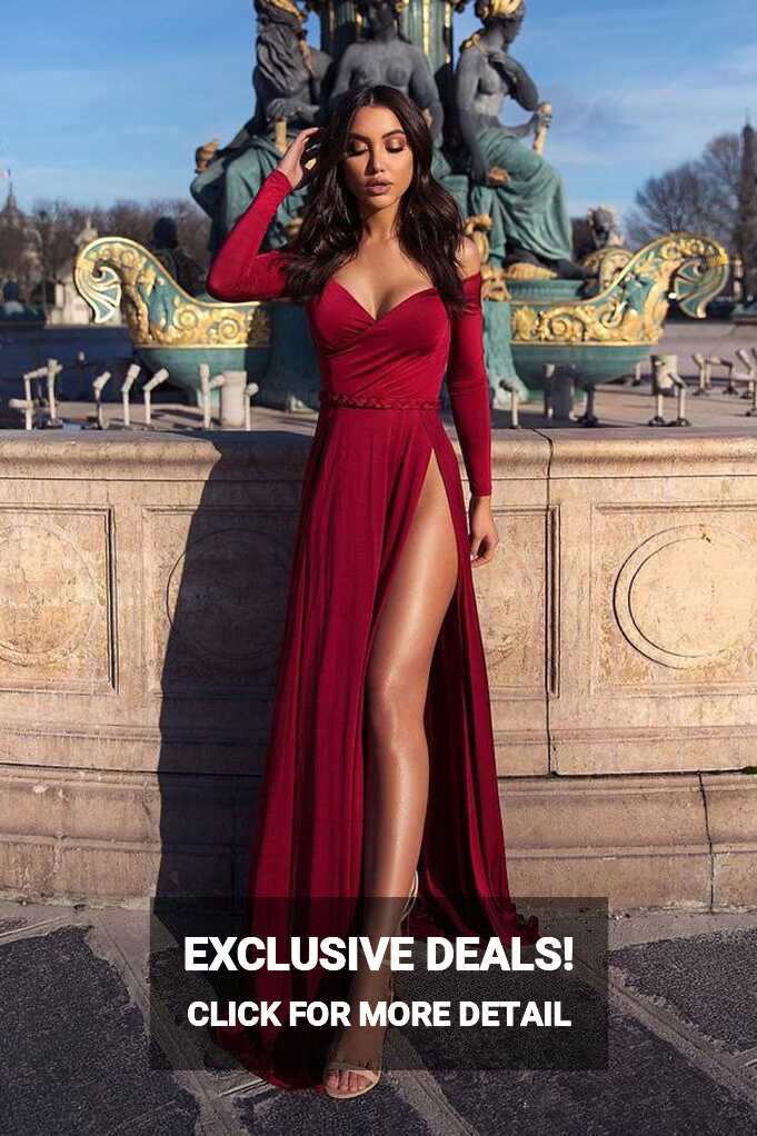 A-Line Off-the-Shoulder Long Sleeves Burgundy Elegant Prom Dress ...