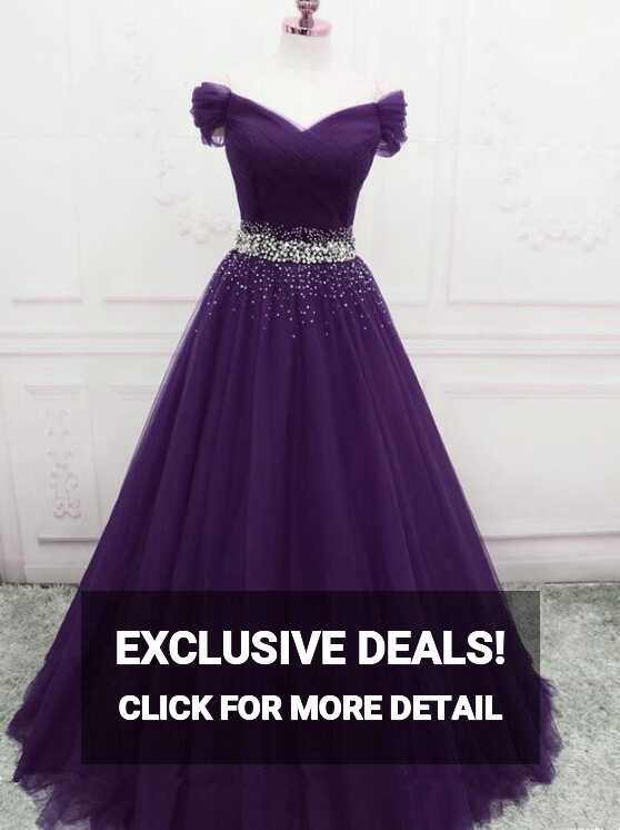 A Line Off the Shoulder Tulle Purple Prom Dresses with Beaded ...