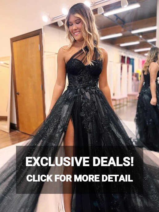 A-Line One Shoulder 2024 Prom Dresses Black Tulle Lace Formal ...