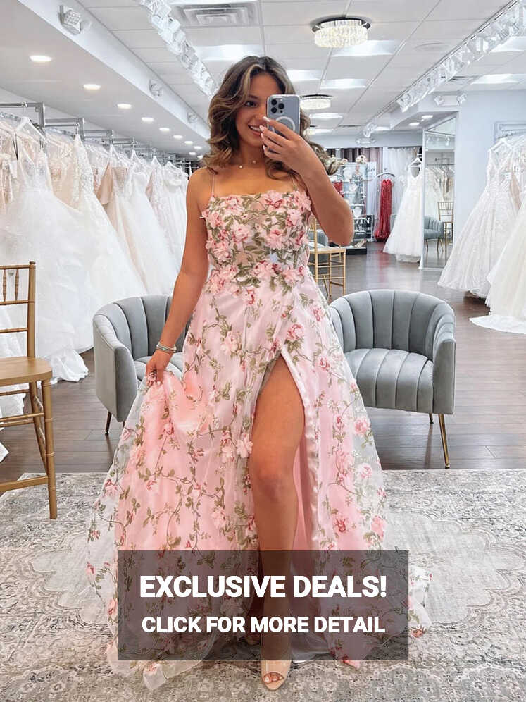 A Line Pink Floral Long Prom Dresses with High Slit, Long Pink ...