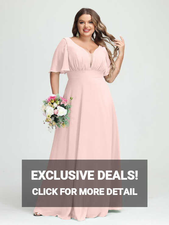 A-Line/Princess V-Neck Half Sleeves Chiffon Plus Size Bridesmaid ...