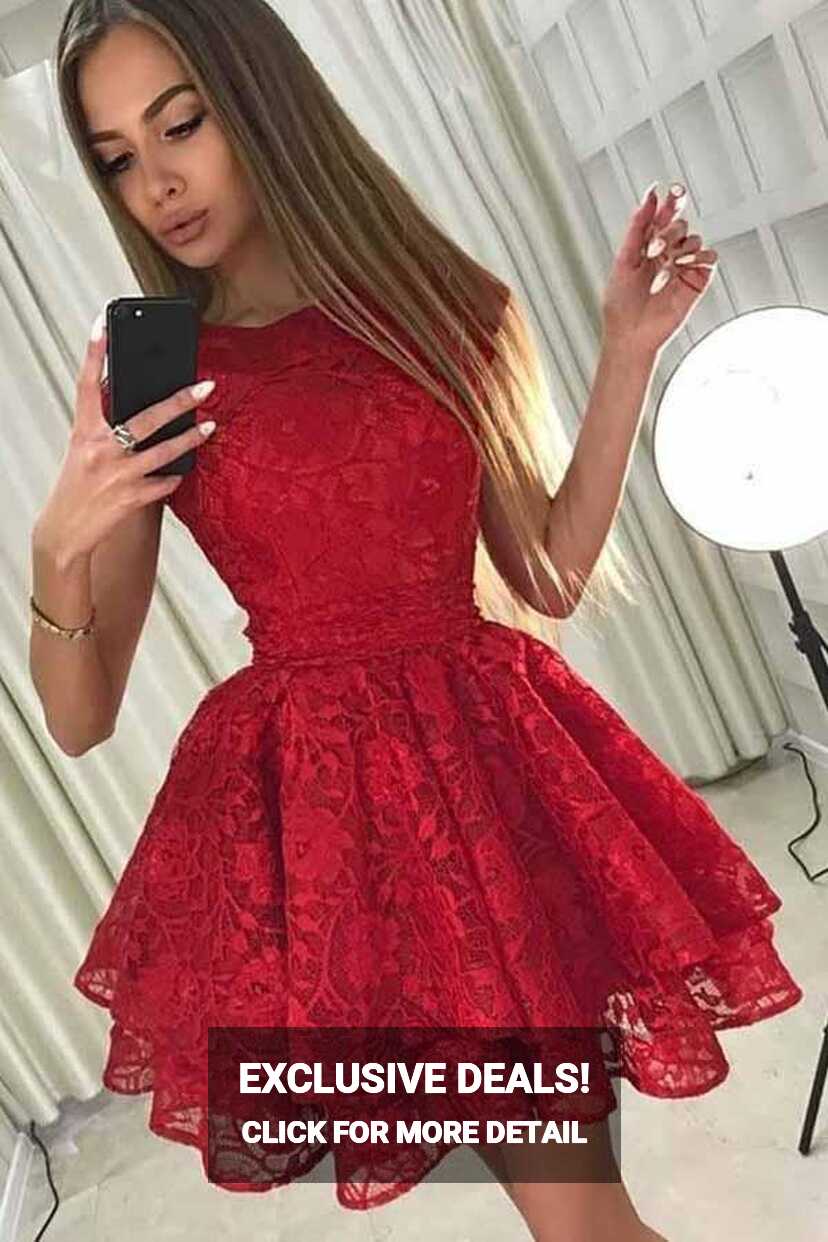 A-Line Round Neck Short Red Lace Homecoming Party Dress – Pgmdress