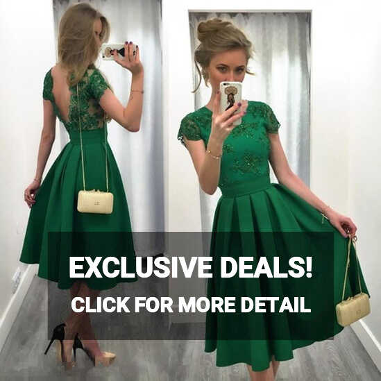 A-Line Scoop Cap Sleeve Satin Green Cocktail Party Dress With V-Back O