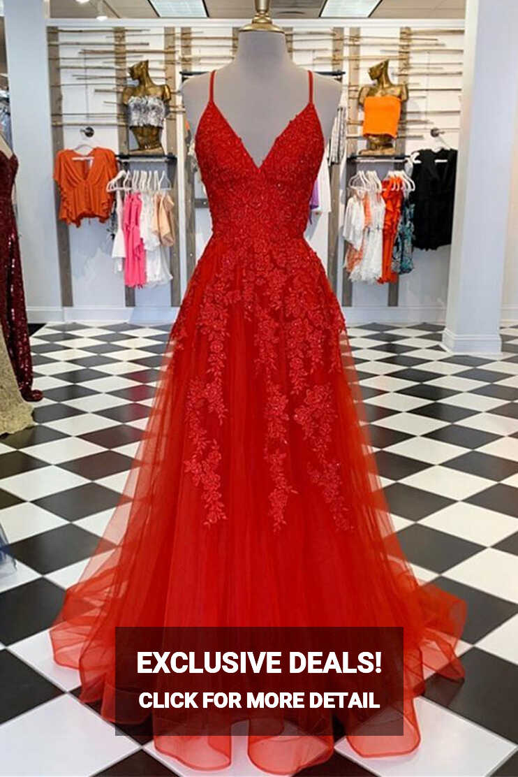 A Line Spaghetti Straps V Neck Red Lace Long Prom Dress, Red Lace ...