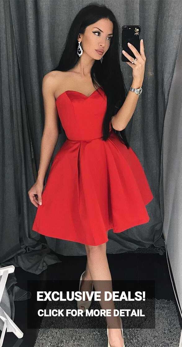 A-Line Sweetheart Above-Knee Red Satin Homecoming Dress with Pleats