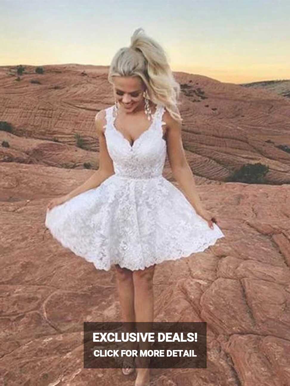 A Line Sweetheart Neck Cute White Lace Short Prom Dresses, Short ...