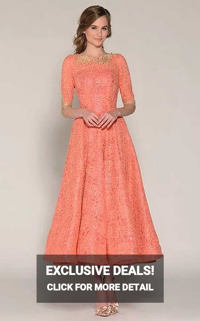 A-Line Tea-Length Half Sleeve Jewel Neck Beaded Lace Prom Dress ...