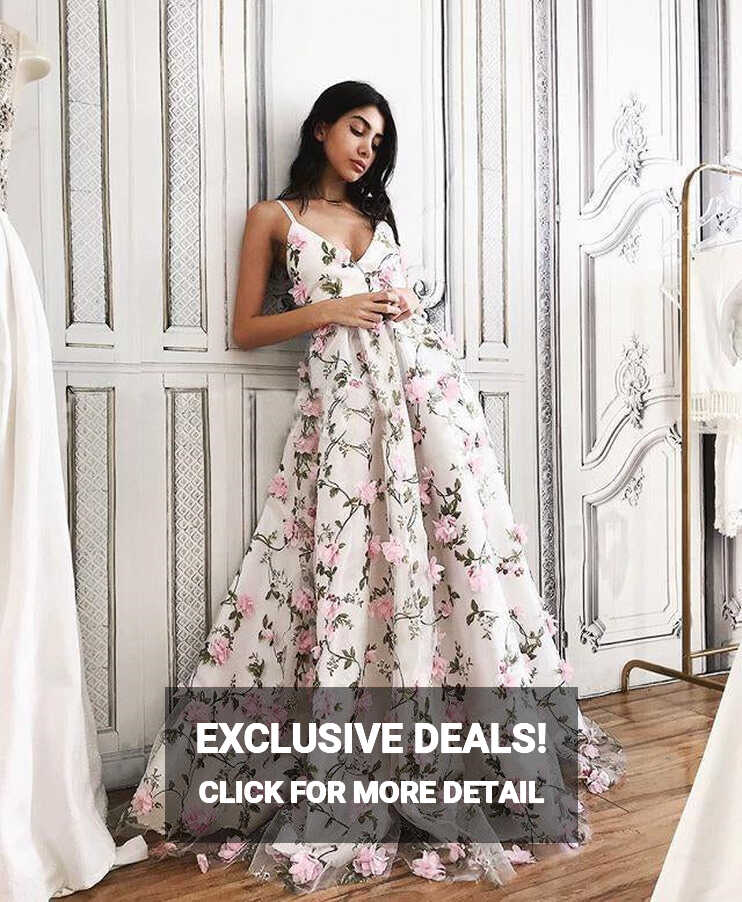 A Line V Neck Backless Pink Lace Floral White Prom Dresses, Pink ...