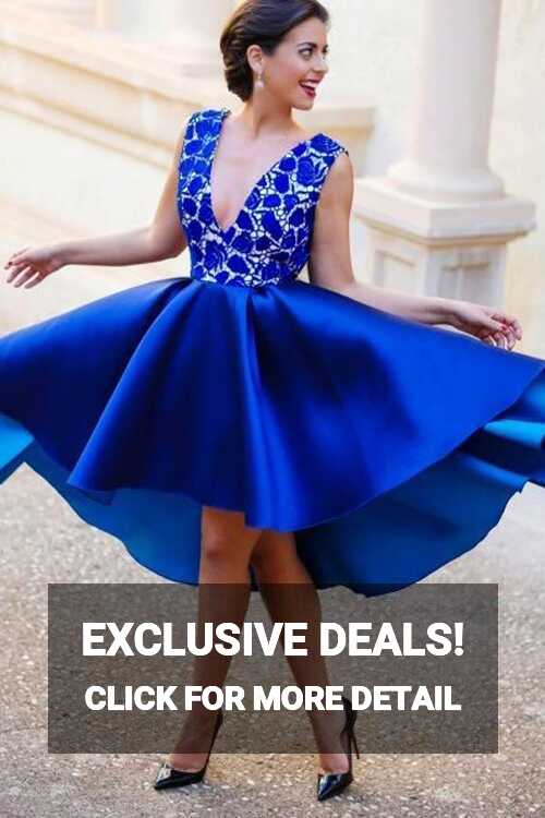 A-Line V-Neck Backless Short Royal Blue Satin Homecoming Dress ...