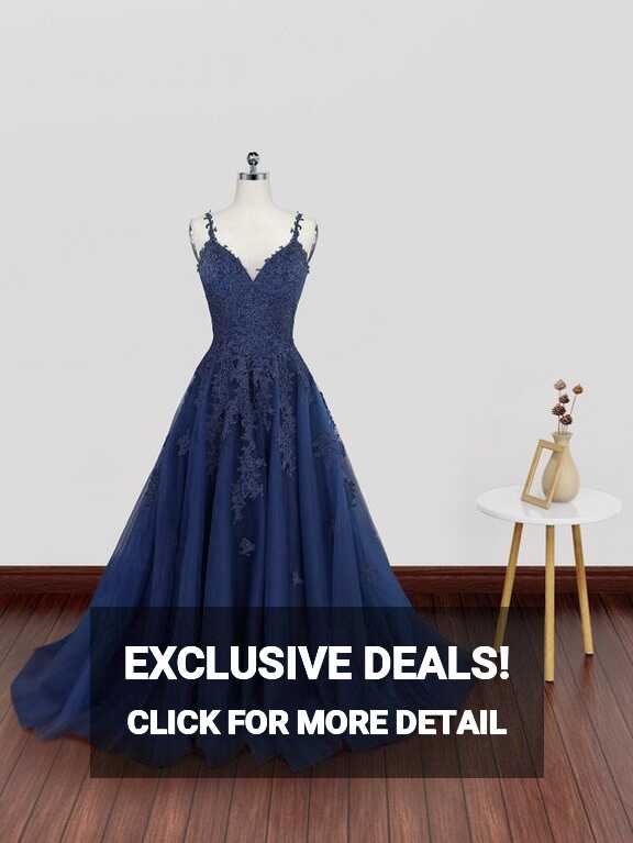 A Line V Neck Dark Navy Blue Lace Prom Dresses, Dark Navy Blue ...