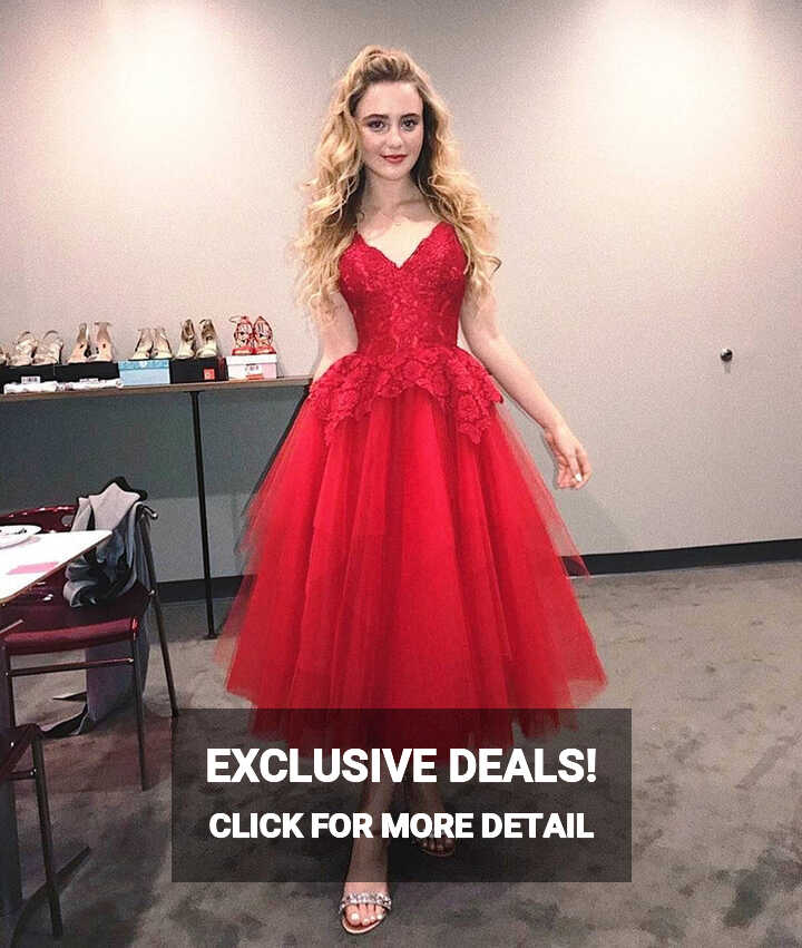 A Line V Neck Knee Leggth Lace Red Prom Dresses, Red Lace Formal ...