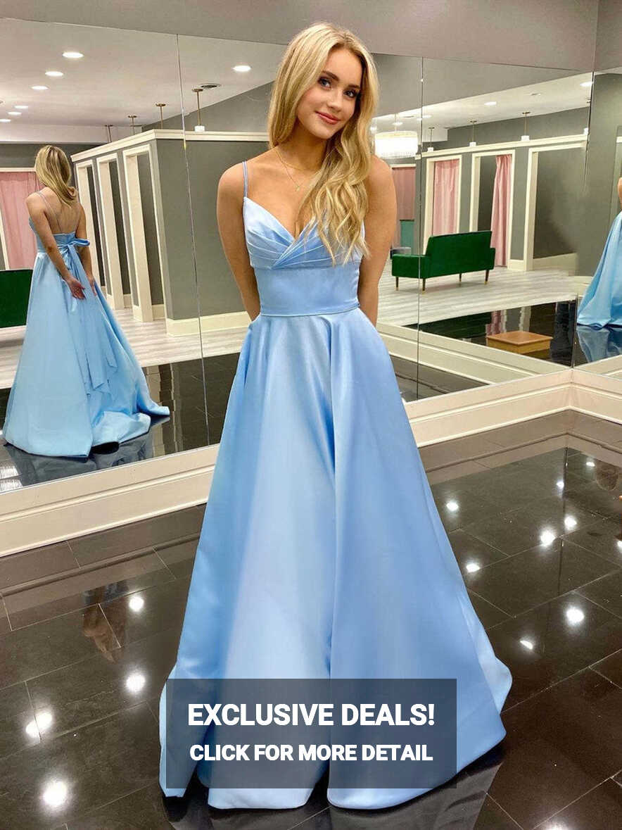 A Line V Neck Light Blue Prom Dresses, Light Blue V Neck Long ...