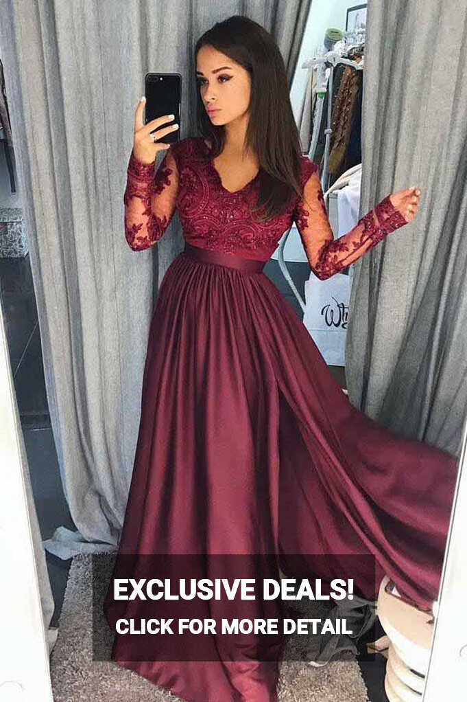 A Line V Neck Long Sleeves Split Burgundy Satin Prom Dress with Appliq