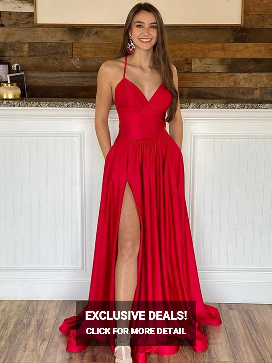 A Line V Neck Red High Slit Prom Dresses, V Neck Red Long Formal ...