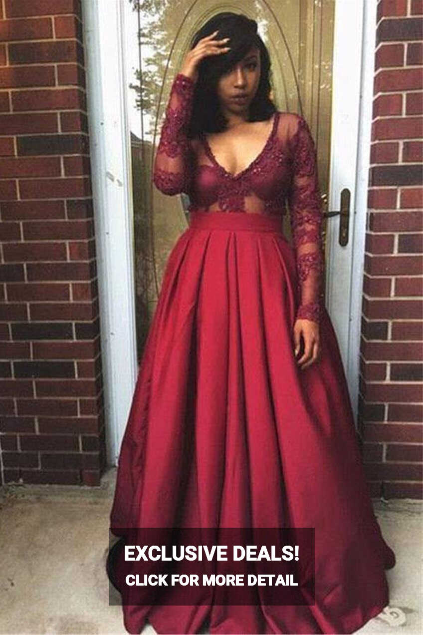 A Line V Neck Satin Burgundy Long Sleeve Prom Dress JTA1751