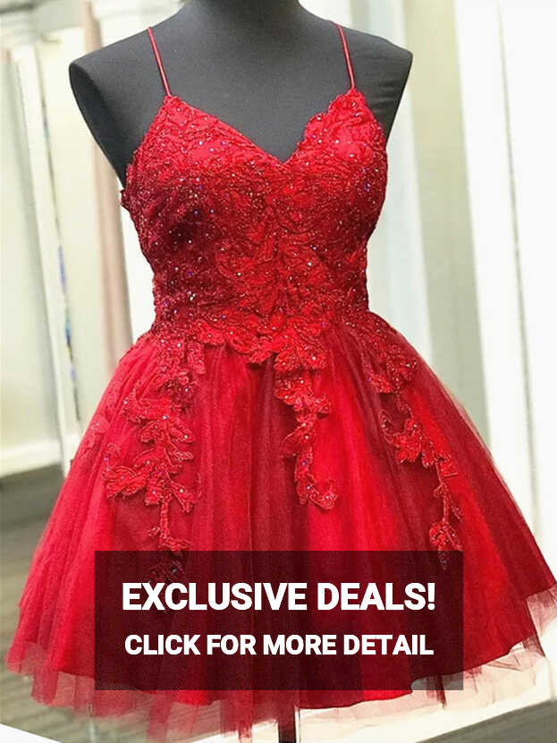 A Line V Neck Short Backless Red Lace Prom Dresses, Short Red ...