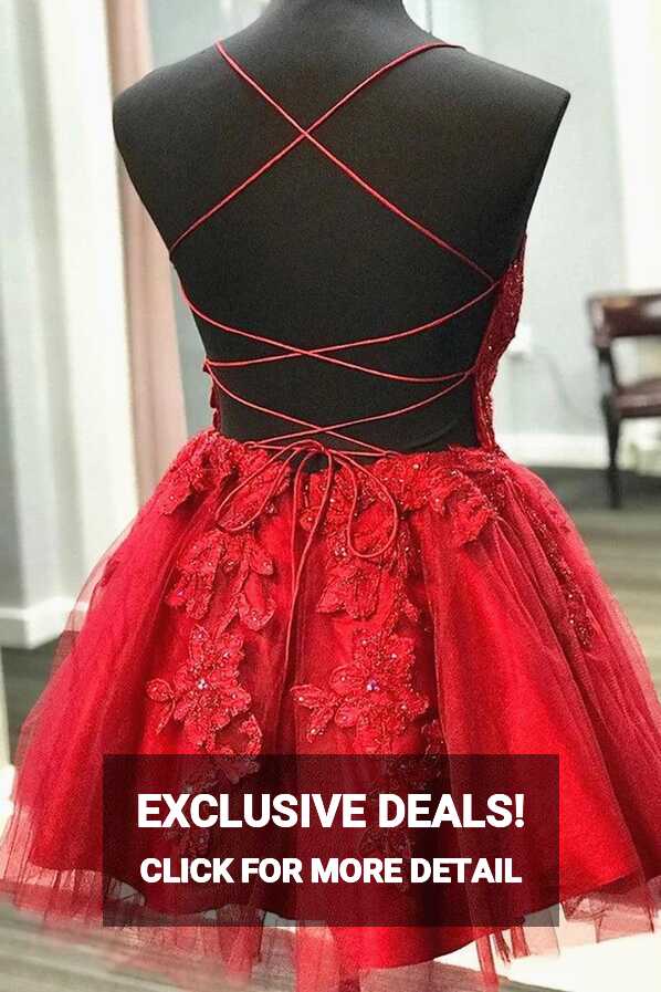 A Line V Neck Short Backless Red Lace Prom Dresses Homecoming ...