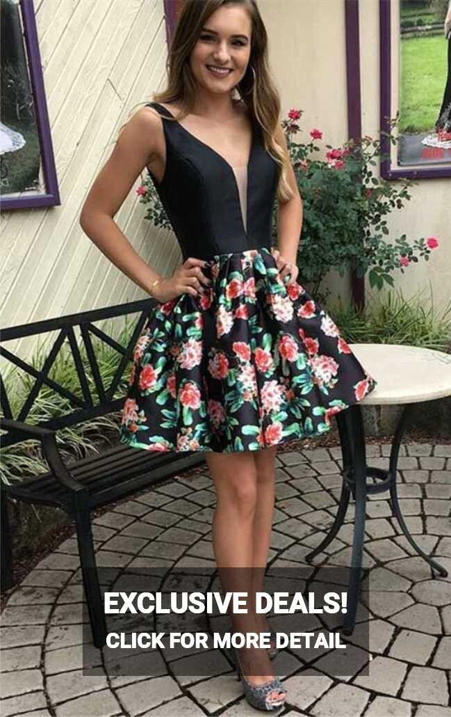 A-Line V-Neck Short Black Floral Homecoming Dress