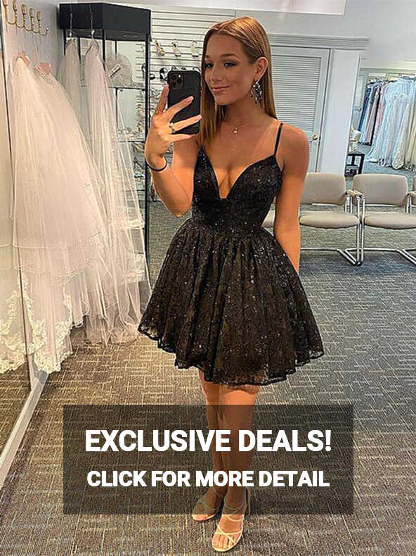 A Line V Neck Short Black Lace Prom Dresses, Short Black Lace ...