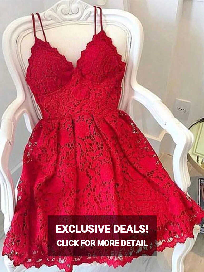 A Line V Neck Short Red Lace Prom Dresses, Short Red Lace Formal ...