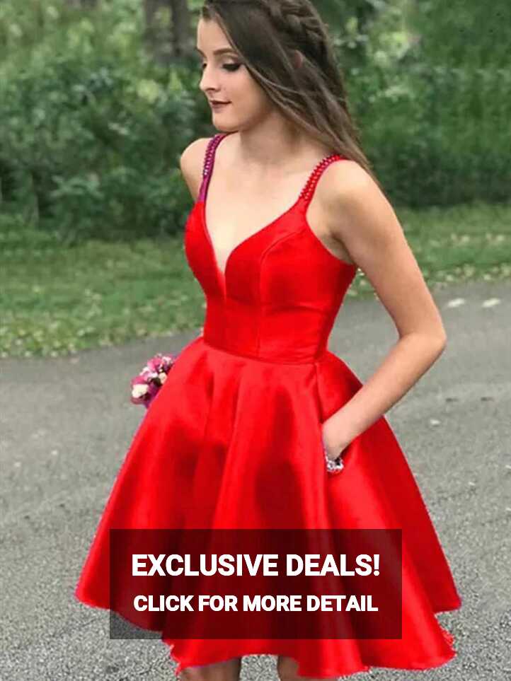 A Line V Neck Short Red Satin Prom Dresses, Short Red Formal ...