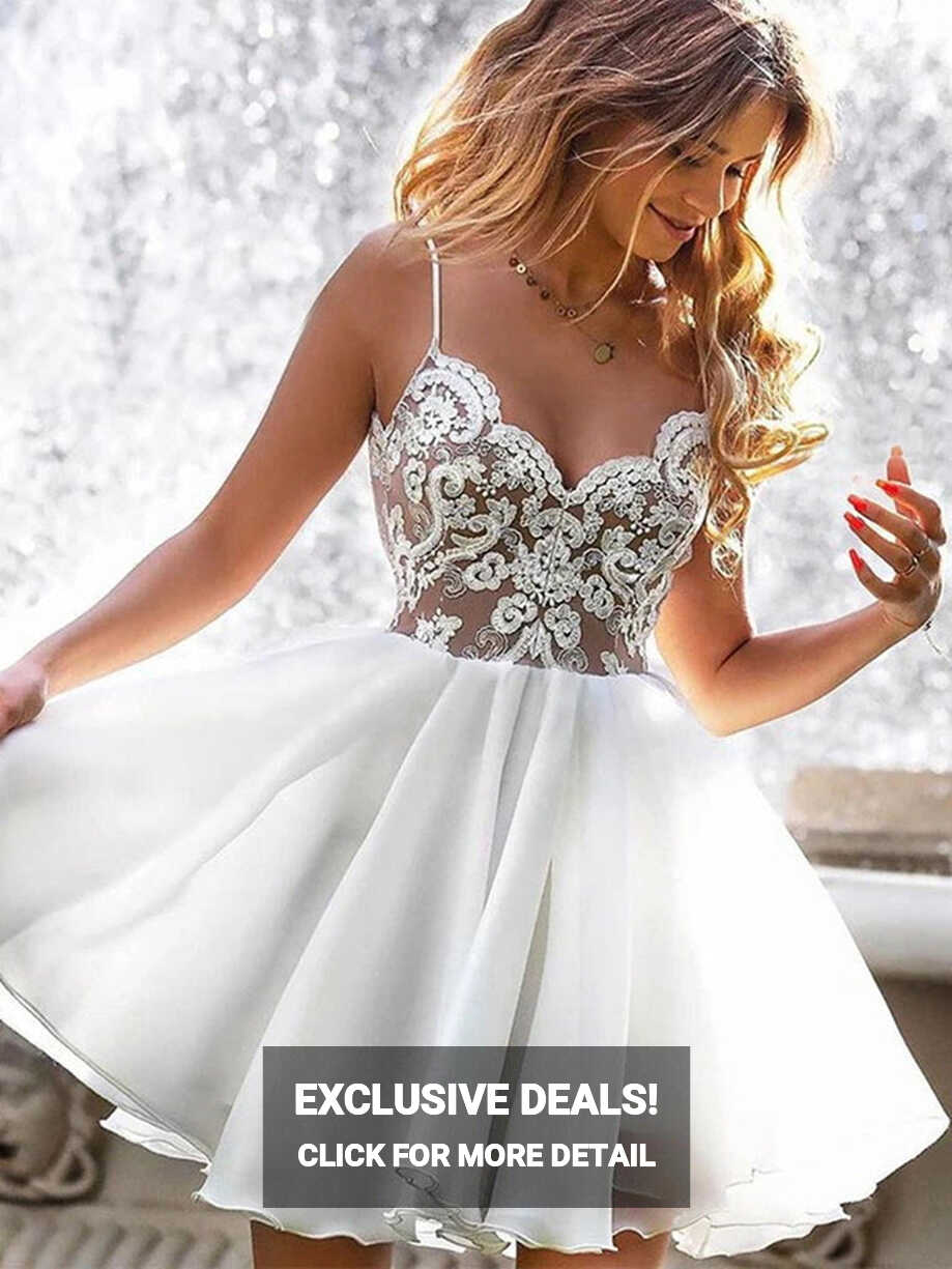 A Line V Neck Short White Lace Prom Dresses, Short White Lace ...