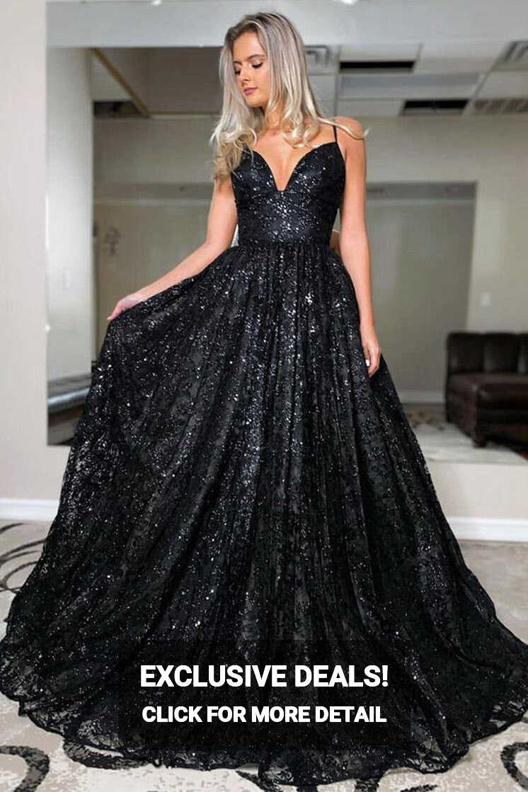 A Line V Neck Spaghetti Straps Black Prom Dress JTA2241