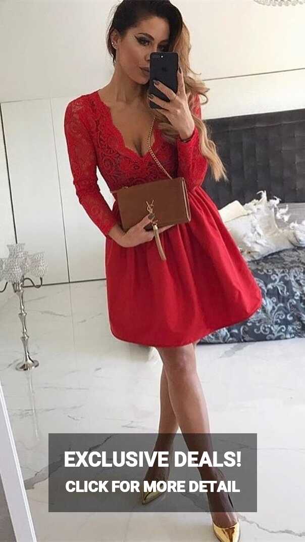 A-Line V-neck Above-Knee Red Homecoming Dress with Lace