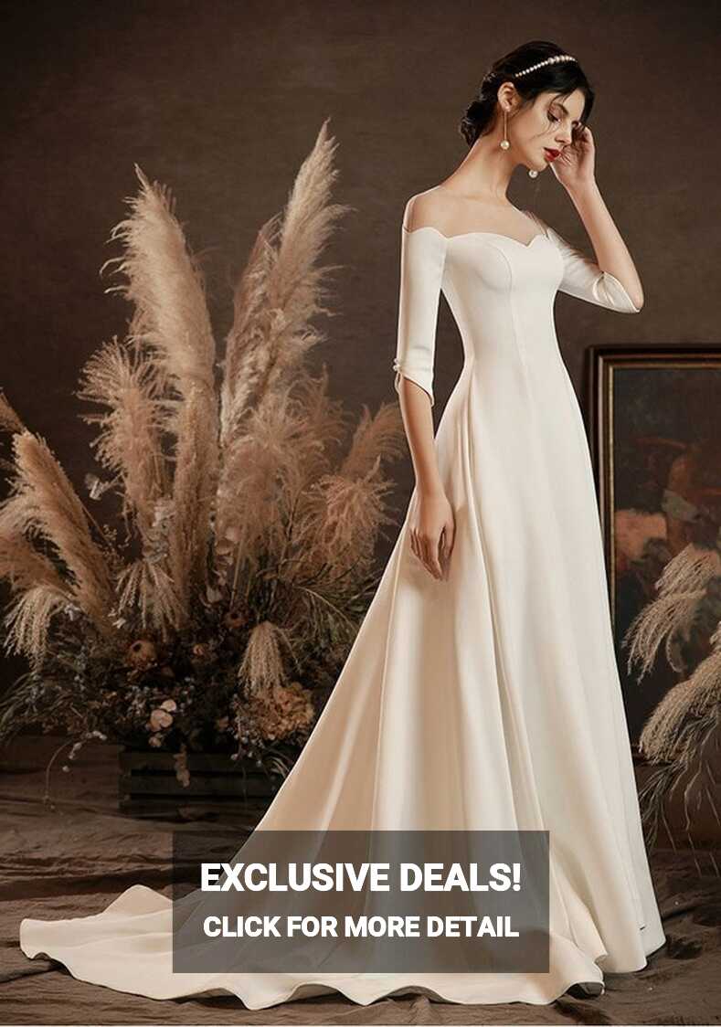 A Line Wedding Dress Simple Satin Wedding Gown Long Sleeve Wedding ...