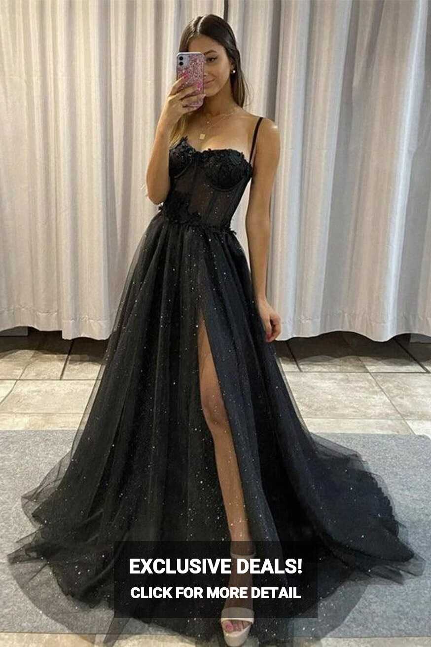 A-line Black Tulle Sweetheart Long Prom Dress Split Evening Dress ...