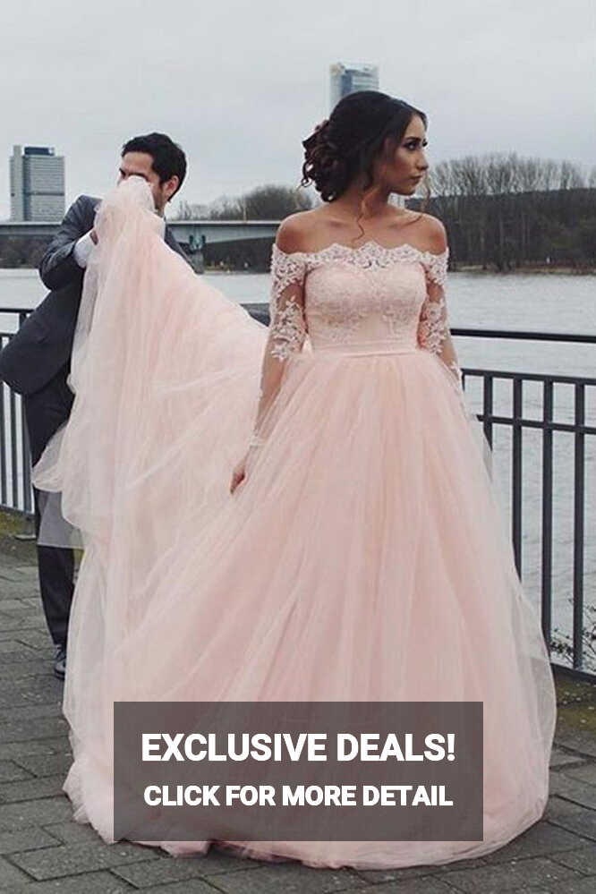 A-line Blush Pink Off Shoulder Long Sleeves Wedding Dress WD688 ...