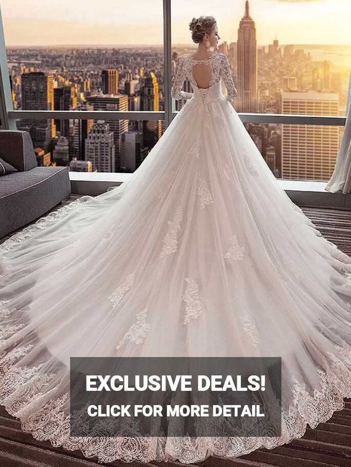 A-line Cathedral Train Royal Lace Wedding Dresses with 3/4 Sleeves ...