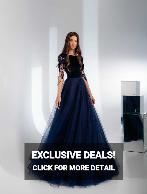 A-line Evening Dress, Long Sleeves Prom Dress, Navy Blue Evening ...