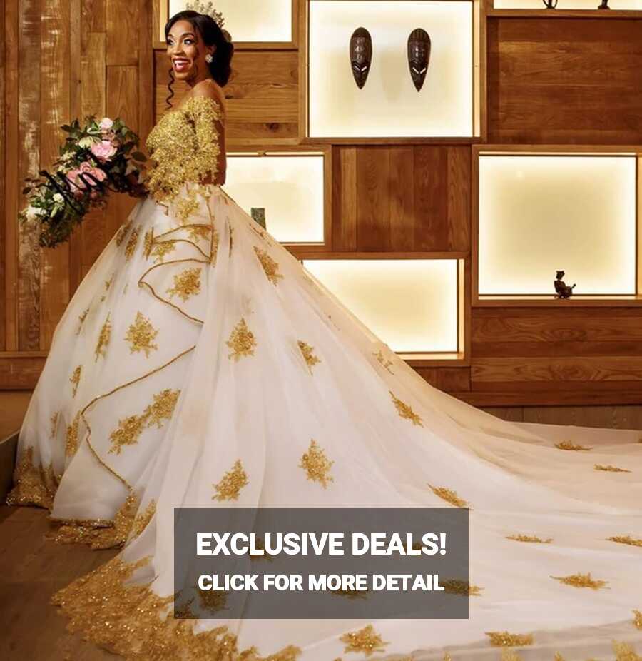 A-line Gold Lace Wedding Dresses For Nigerian Bride Modest African ...