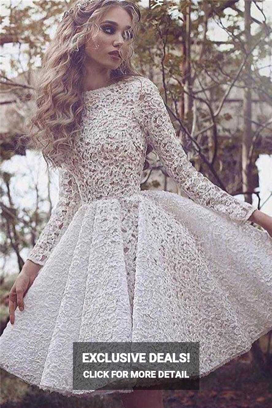 A-line Knee-length Ivory Long Sleeves Lace Homecoming Dress – Pgmdress